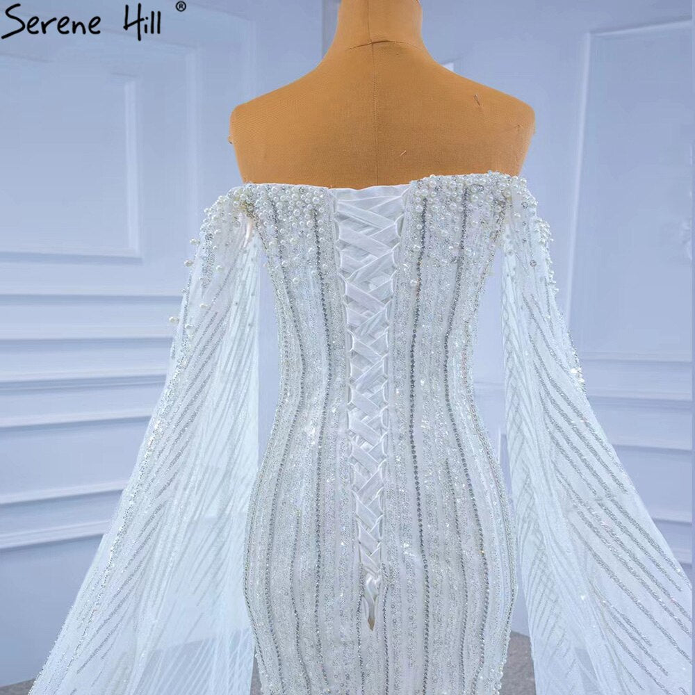 Serene Hill Luxury Mermaid White Wedding Dresses 2025 Cape Sleeves Beaded Pearls Bride Gowns HM67278 Custom Made - SERENE HILL