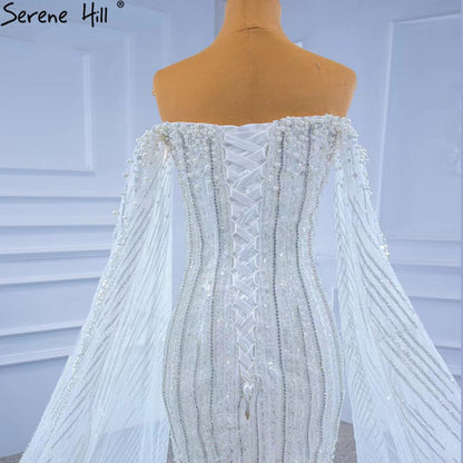 Serene Hill Luxury Mermaid White Wedding Dresses 2025 Cape Sleeves Beaded Pearls Bride Gowns HM67278 Custom Made - SERENE HILL