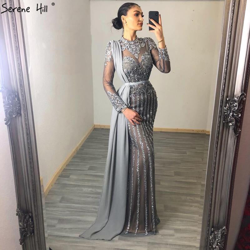 Serene Hill Luxury Muslim Gray Luxury Long Elegant with Detachable Train Mermaid Evening Gowns Dresses For Woman LA70199 - SERENE HILL