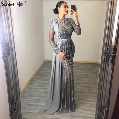 Serene Hill Luxury Muslim Gray Luxury Long Elegant with Detachable Train Mermaid Evening Gowns Dresses For Woman LA70199 - SERENE HILL