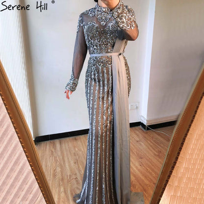 Serene Hill Luxury Muslim Gray Luxury Long Elegant with Detachable Train Mermaid Evening Gowns Dresses For Woman LA70199 - SERENE HILL