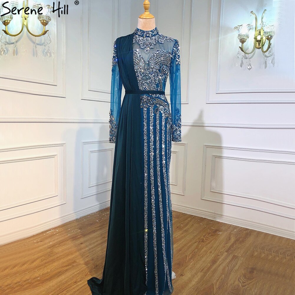 Serene Hill Luxury Muslim Gray Luxury Long Elegant with Detachable Train Mermaid Evening Gowns Dresses For Woman LA70199 - SERENE HILL