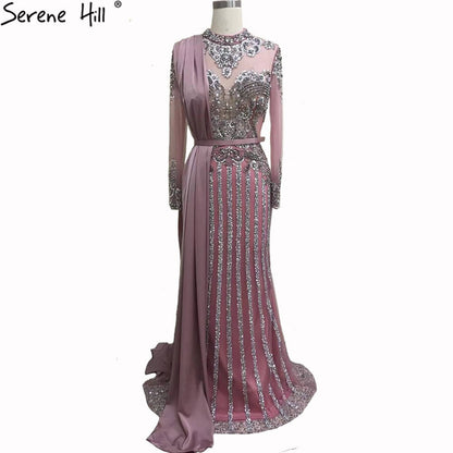 Serene Hill Luxury Muslim Gray Luxury Long Elegant with Detachable Train Mermaid Evening Gowns Dresses For Woman LA70199 - SERENE HILL