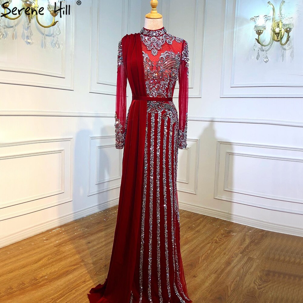 Serene Hill Luxury Muslim Gray Luxury Long Elegant with Detachable Train Mermaid Evening Gowns Dresses For Woman LA70199 - SERENE HILL