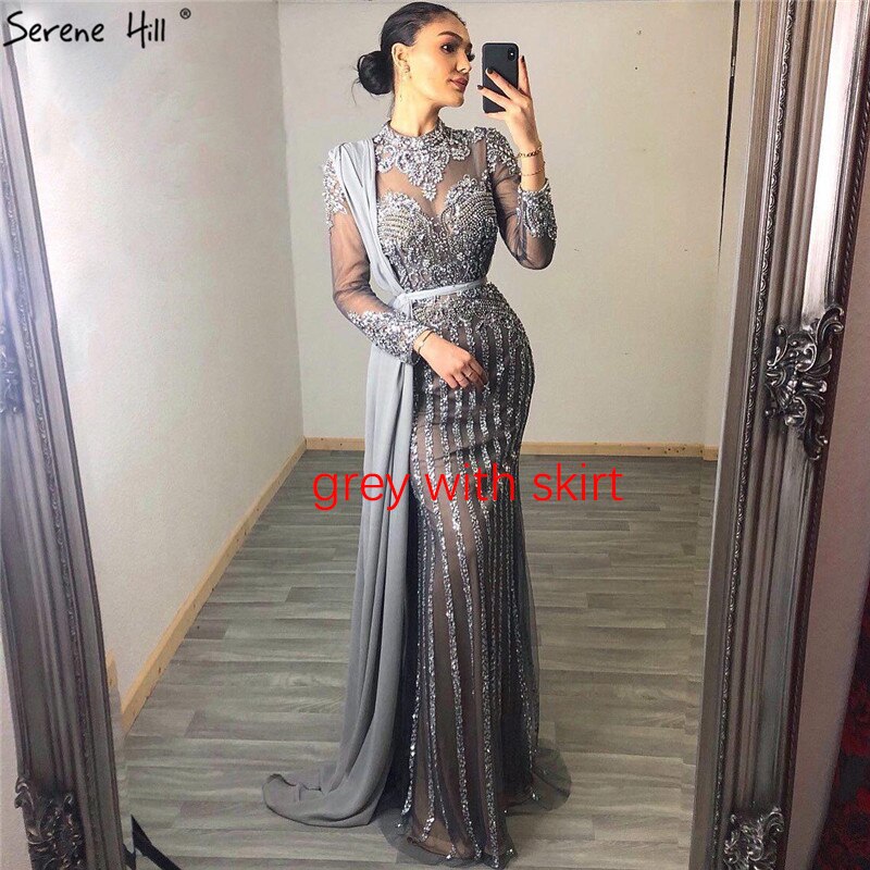 Serene Hill Luxury Muslim Gray Luxury Long Elegant with Detachable Train Mermaid Evening Gowns Dresses For Woman LA70199 - SERENE HILL