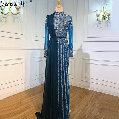 Serene Hill Luxury Muslim Gray Luxury Long Elegant with Detachable Train Mermaid Evening Gowns Dresses For Woman LA70199 - SERENE HILL