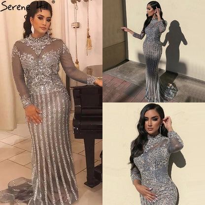 Serene Hill Luxury Muslim Gray Luxury Long Elegant with Detachable Train Mermaid Evening Gowns Dresses For Woman LA70199 - SERENE HILL