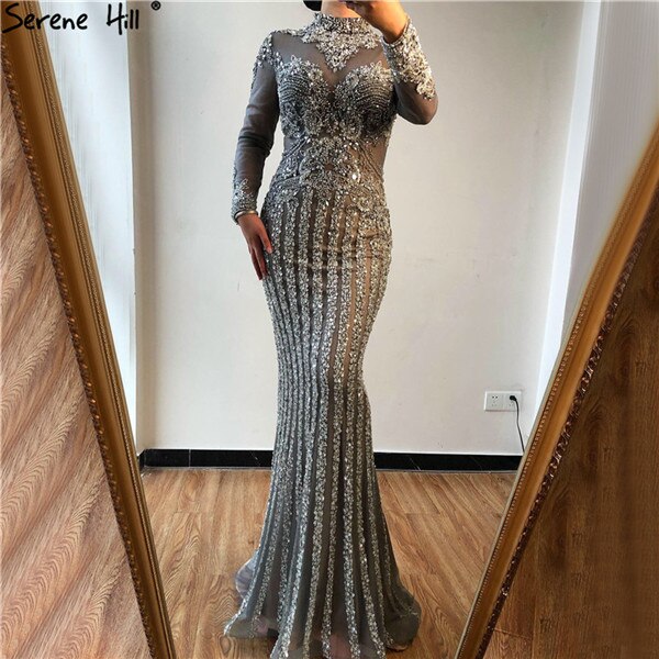 Serene Hill Luxury Muslim Gray Luxury Long Elegant with Detachable Train Mermaid Evening Gowns Dresses For Woman LA70199 - SERENE HILL