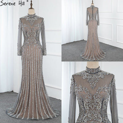 Serene Hill Luxury Muslim Gray Luxury Long Elegant with Detachable Train Mermaid Evening Gowns Dresses For Woman LA70199 - SERENE HILL