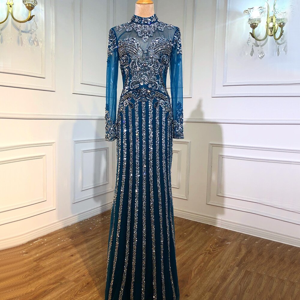 Serene Hill Luxury Muslim Gray Luxury Long Elegant with Detachable Train Mermaid Evening Gowns Dresses For Woman LA70199 - SERENE HILL