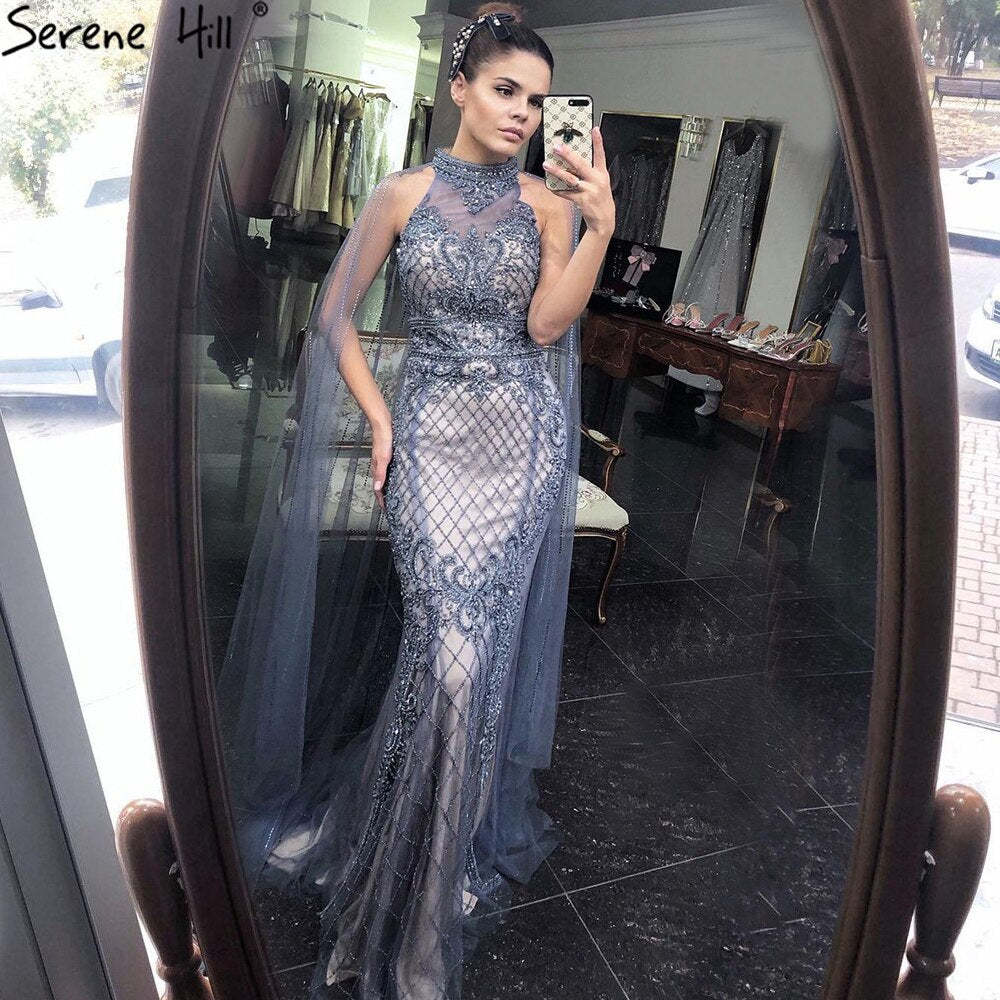 Serene Hill Luxury Navy Blue With Train Evening Dresses Gowns 2025 Mermaid Beading Diamond Elegant For Women Party LA70807 - SERENE HILL
