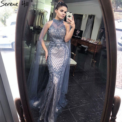 Serene Hill Luxury Navy Blue With Train Evening Dresses Gowns 2025 Mermaid Beading Diamond Elegant For Women Party LA70807 - SERENE HILL