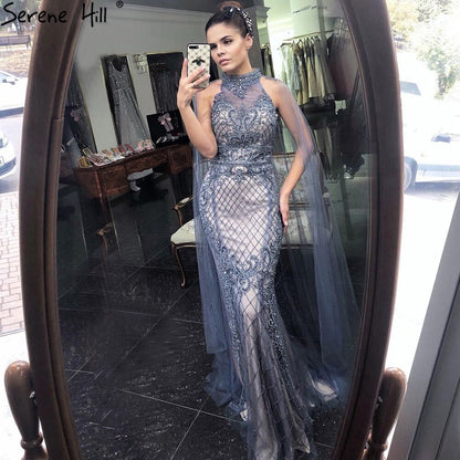Serene Hill Luxury Navy Blue With Train Evening Dresses Gowns 2025 Mermaid Beading Diamond Elegant For Women Party LA70807 - SERENE HILL