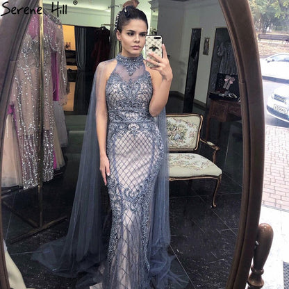 Serene Hill Luxury Navy Blue With Train Evening Dresses Gowns 2025 Mermaid Beading Diamond Elegant For Women Party LA70807 - SERENE HILL