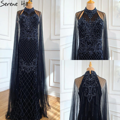 Serene Hill Luxury Navy Blue With Train Evening Dresses Gowns 2025 Mermaid Beading Diamond Elegant For Women Party LA70807 - SERENE HILL
