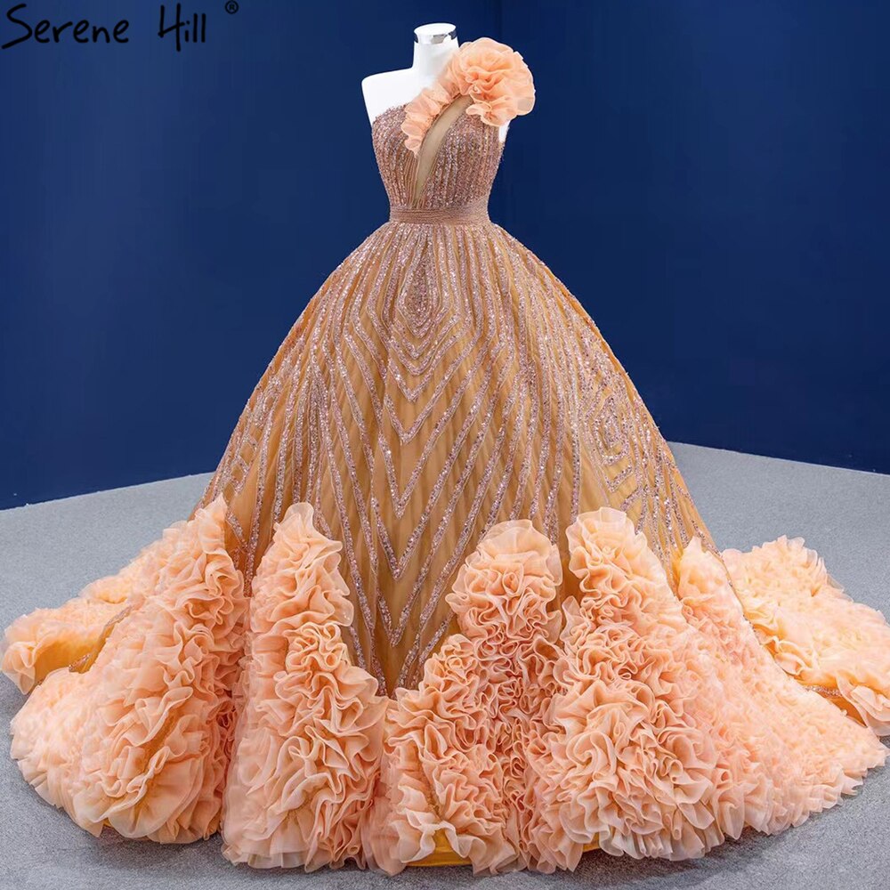 Serene Hill Luxury Orange One Shoulder Wedding Dresses 2025 High-end Beaded Ruched Bridal Dress HM67358 Custom Made - SERENE HILL