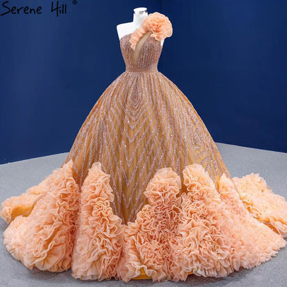 Serene Hill Luxury Orange One Shoulder Wedding Dresses 2025 High-end Beaded Ruched Bridal Dress HM67358 Custom Made - SERENE HILL