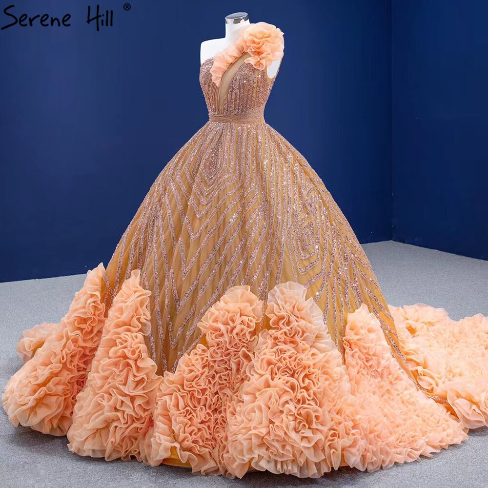 Serene Hill Luxury Orange One Shoulder Wedding Dresses 2025 High-end Beaded Ruched Bridal Dress HM67358 Custom Made - SERENE HILL