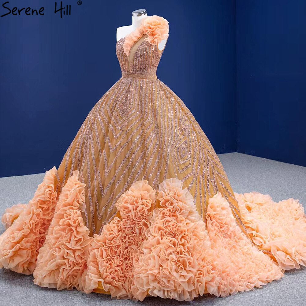 Serene Hill Luxury Orange One Shoulder Wedding Dresses 2025 High-end Beaded Ruched Bridal Dress HM67358 Custom Made - SERENE HILL