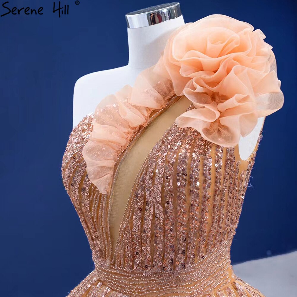 Serene Hill Luxury Orange One Shoulder Wedding Dresses 2025 High-End Beaded Ruched Bridal Dress HM67358 Custom Made Orange / 10 / 50cm