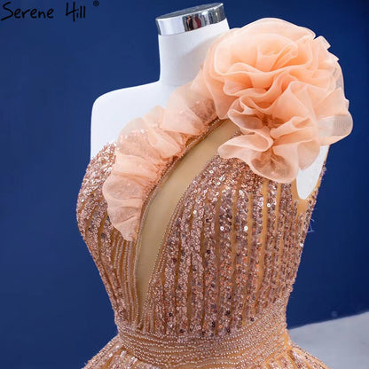 Serene Hill Luxury Orange One Shoulder Wedding Dresses 2025 High-end Beaded Ruched Bridal Dress HM67358 Custom Made - SERENE HILL