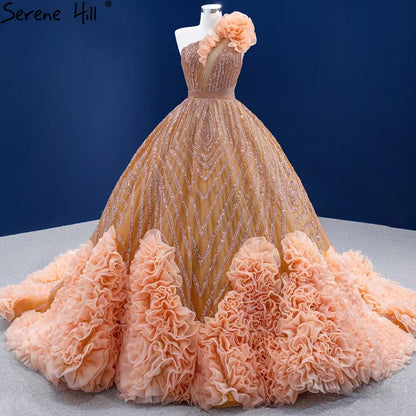 Serene Hill Luxury Orange One Shoulder Wedding Dresses 2025 High-end Beaded Ruched Bridal Dress HM67358 Custom Made - SERENE HILL