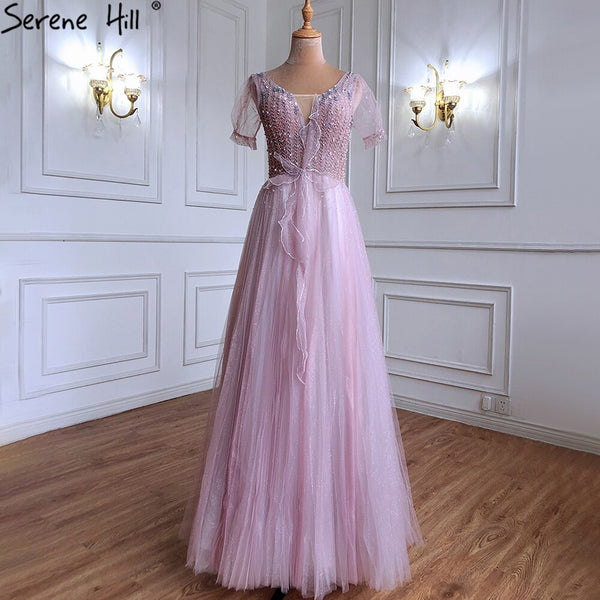 Serene Hill Luxury Pink A-Line Evening Dresses Gowns 2025 Beaded Short Sleeves Lace Up For Women Party LA70840