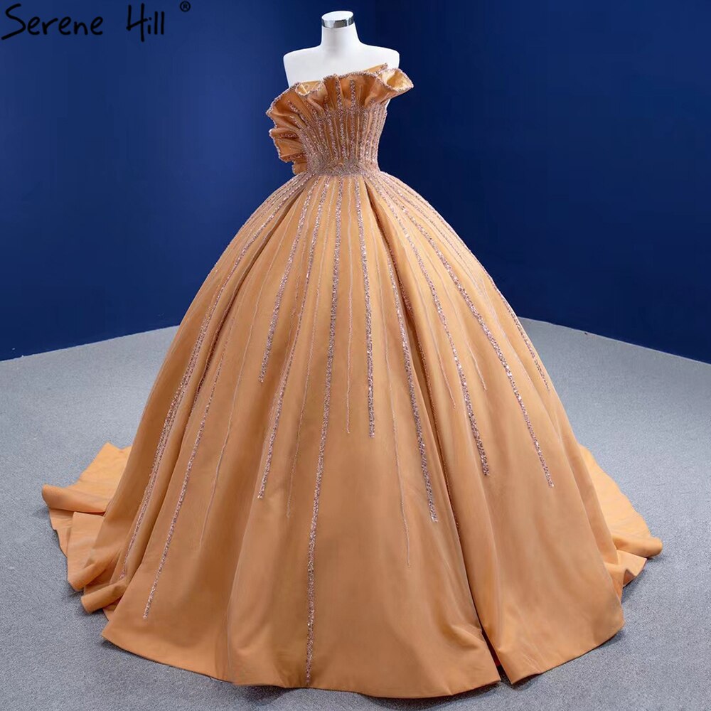 Serene Hill Luxury Sleeveless Gold Wedding Dresses 2025 Satin High-end Beaded Sexy Bridal Dress HM67356 Custom Made - SERENE HILL