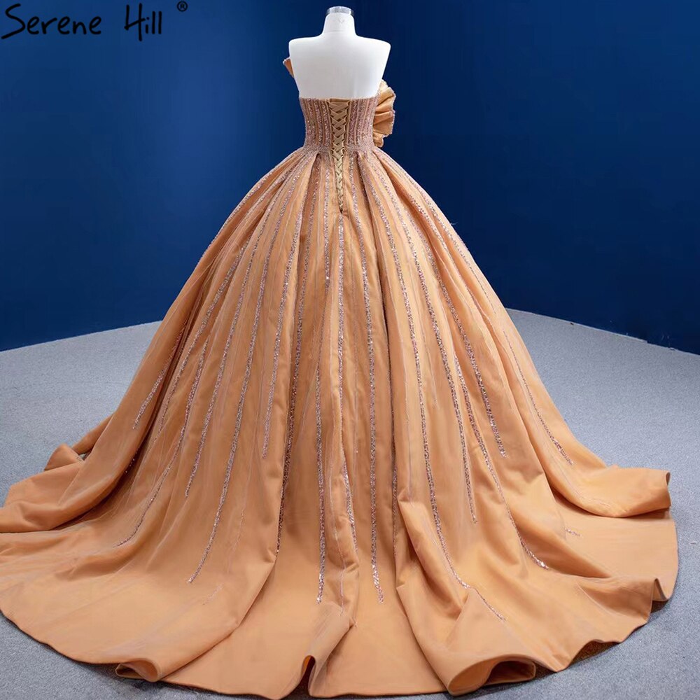 Serene Hill Luxury Sleeveless Gold Wedding Dresses 2025 Satin High-end Beaded Sexy Bridal Dress HM67356 Custom Made - SERENE HILL