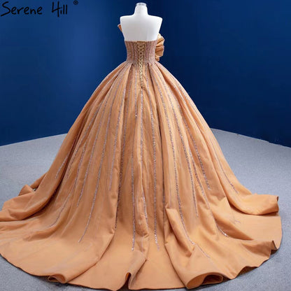 Serene Hill Luxury Sleeveless Gold Wedding Dresses 2025 Satin High-end Beaded Sexy Bridal Dress HM67356 Custom Made - SERENE HILL