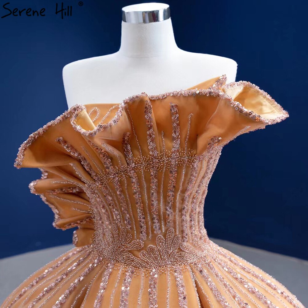 Serene Hill Luxury Sleeveless Gold Wedding Dresses 2025 Satin High-end Gold / 8 / 50cm Serene Hill Luxury Sleeveless Gold Wedding Dresses 2025 Satin High-end Gold / 8 / 50cm