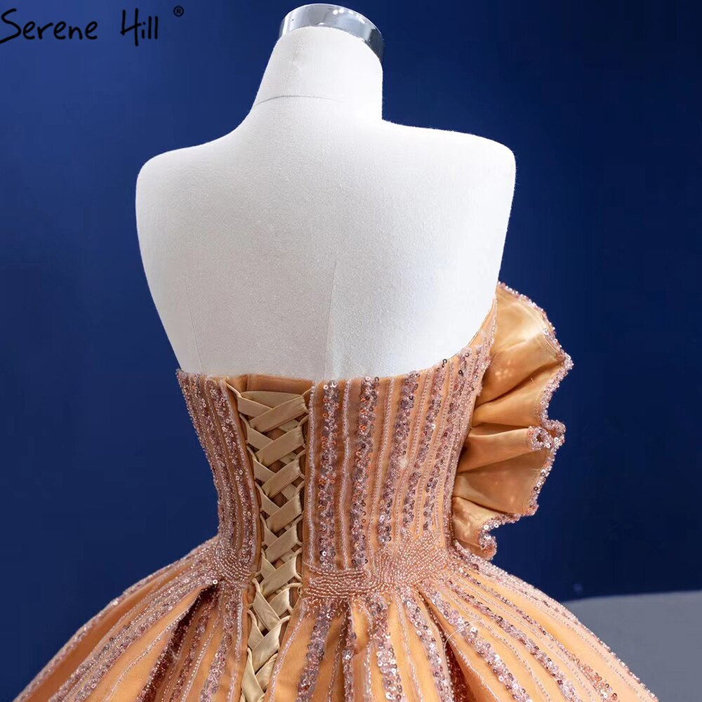 Serene Hill Luxury Sleeveless Gold Wedding Dresses 2025 Satin High-end Beaded Sexy Bridal Dress HM67356 Custom Made - SERENE HILL