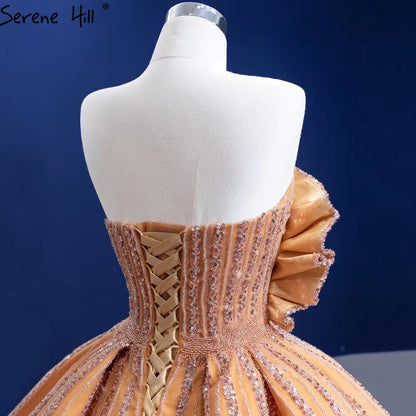 Serene Hill Luxury Sleeveless Gold Wedding Dresses 2025 Satin High-end Beaded Sexy Bridal Dress HM67356 Custom Made - SERENE HILL