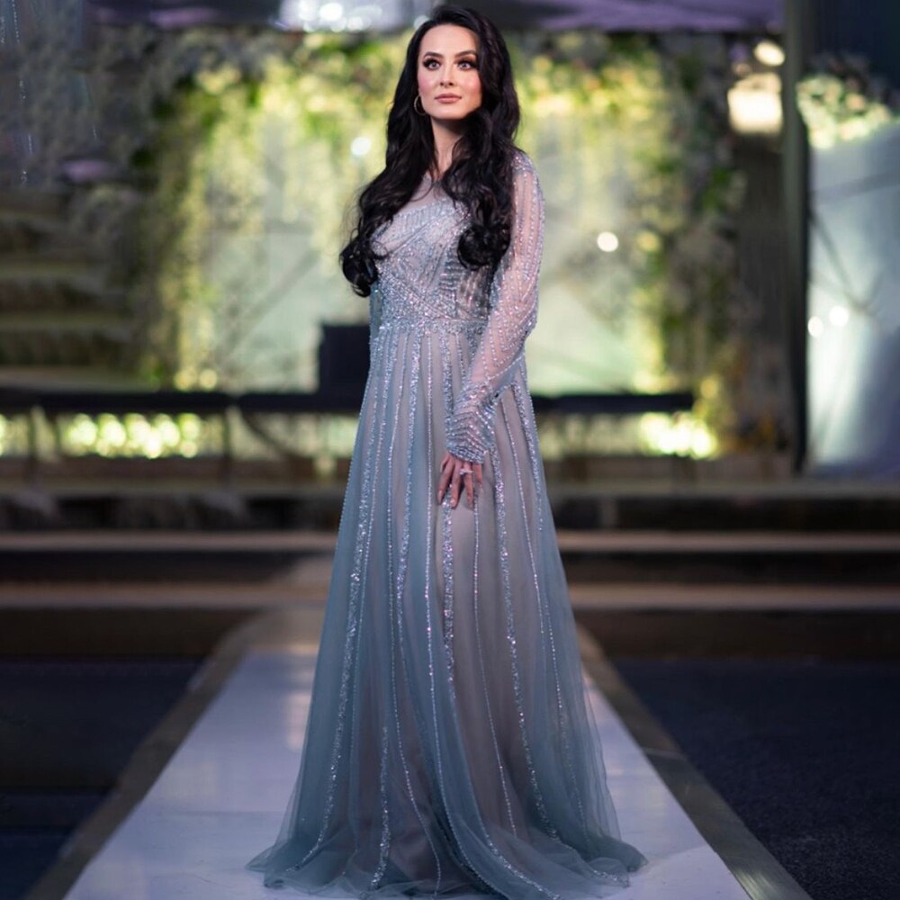 Serene Hill Luxury Turquoise Nude A-Line Evening Dresses Gowns Long Sleeves Beaded Elegant 2025 For Women Party LA71659 - SERENE HILL