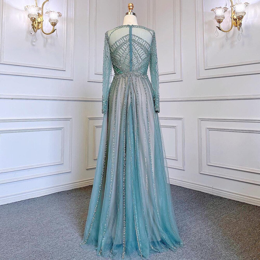 Serene Hill Luxury Turquoise Nude A-Line Evening Dresses Gowns Long Sleeves Beaded Elegant 2025 For Women Party LA71659 Serene Hill Luxury Turquoise Nude A-Line Evening Dresses Gowns Long Sleeves Beaded Elegant 2025 For Women Party LA71659