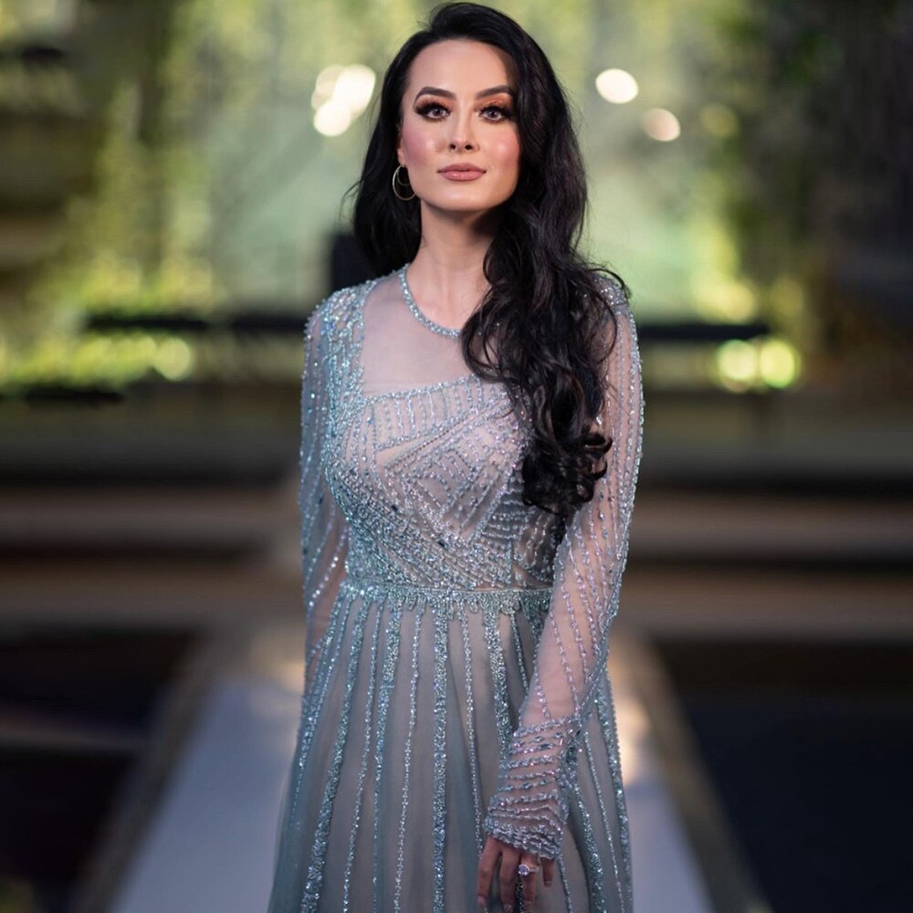 Serene Hill Luxury Turquoise Nude A-Line Evening Dresses Gowns Long Sleeves Beaded Elegant 2025 For Women Party LA71659 - SERENE HILL