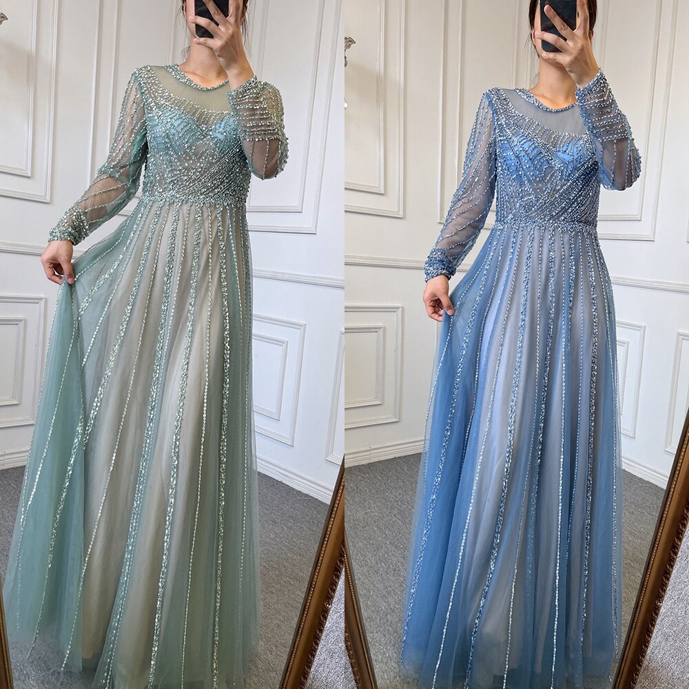 Serene Hill Luxury Turquoise Nude A-Line Evening Dresses Gowns Long Sleeves Beaded Elegant 2025 For Women Party LA71659 - SERENE HILL