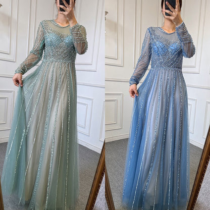 Serene Hill Luxury Turquoise Nude A-Line Evening Dresses Gowns Long Sleeves Beaded Elegant 2025 For Women Party LA71659 - SERENE HILL