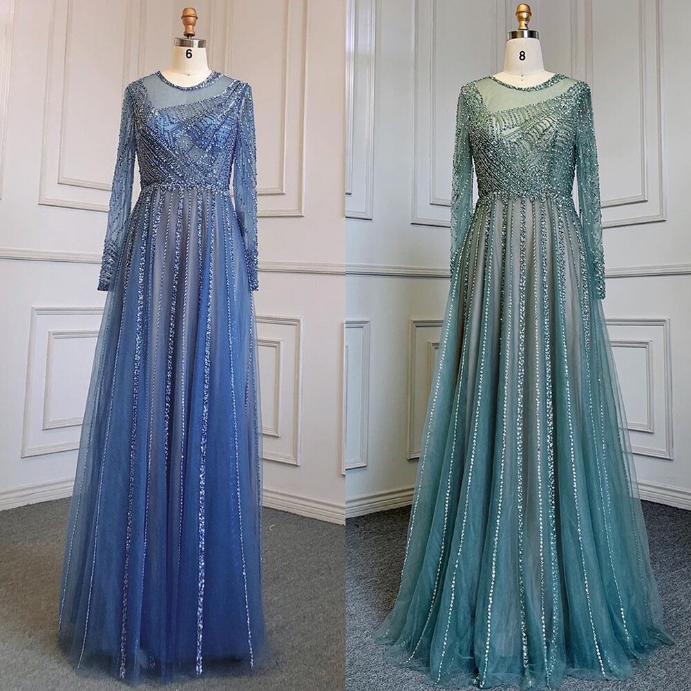 Serene Hill Luxury Turquoise Nude A-Line Evening Dresses Gowns Long Sleeves Beaded Elegant 2025 For Women Party LA71659 - SERENE HILL