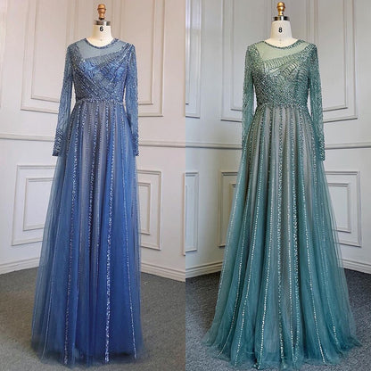 Serene Hill Luxury Turquoise Nude A-Line Evening Dresses Gowns Long Sleeves Beaded Elegant 2025 For Women Party LA71659 - SERENE HILL