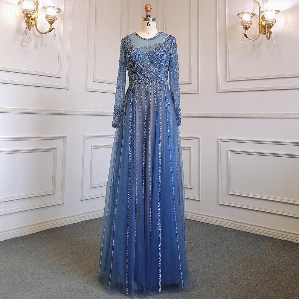 Serene Hill Luxury Turquoise Nude A-Line Evening Dresses Gowns Long Sleeves Beaded Elegant 2025 For Women Party LA71659 - SERENE HILL