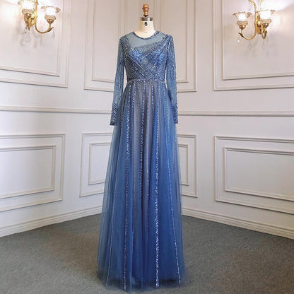 Serene Hill Luxury Turquoise Nude A-Line Evening Dresses Gowns Long Sleeves Beaded Elegant 2025 For Women Party LA71659 - SERENE HILL