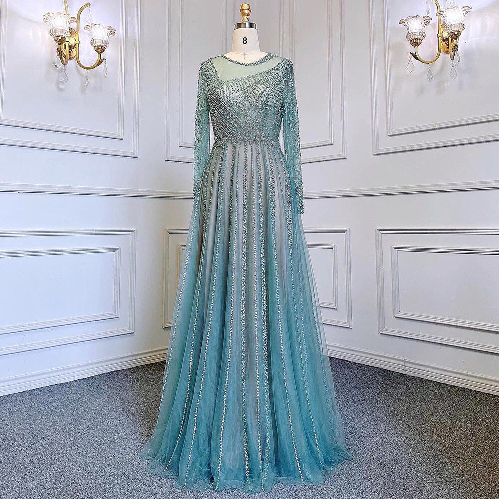 Serene Hill Luxury Turquoise Nude A-Line Evening Dresses Gowns Long Sleeves Beaded Elegant 2025 For Women Party LA71659 - SERENE HILL