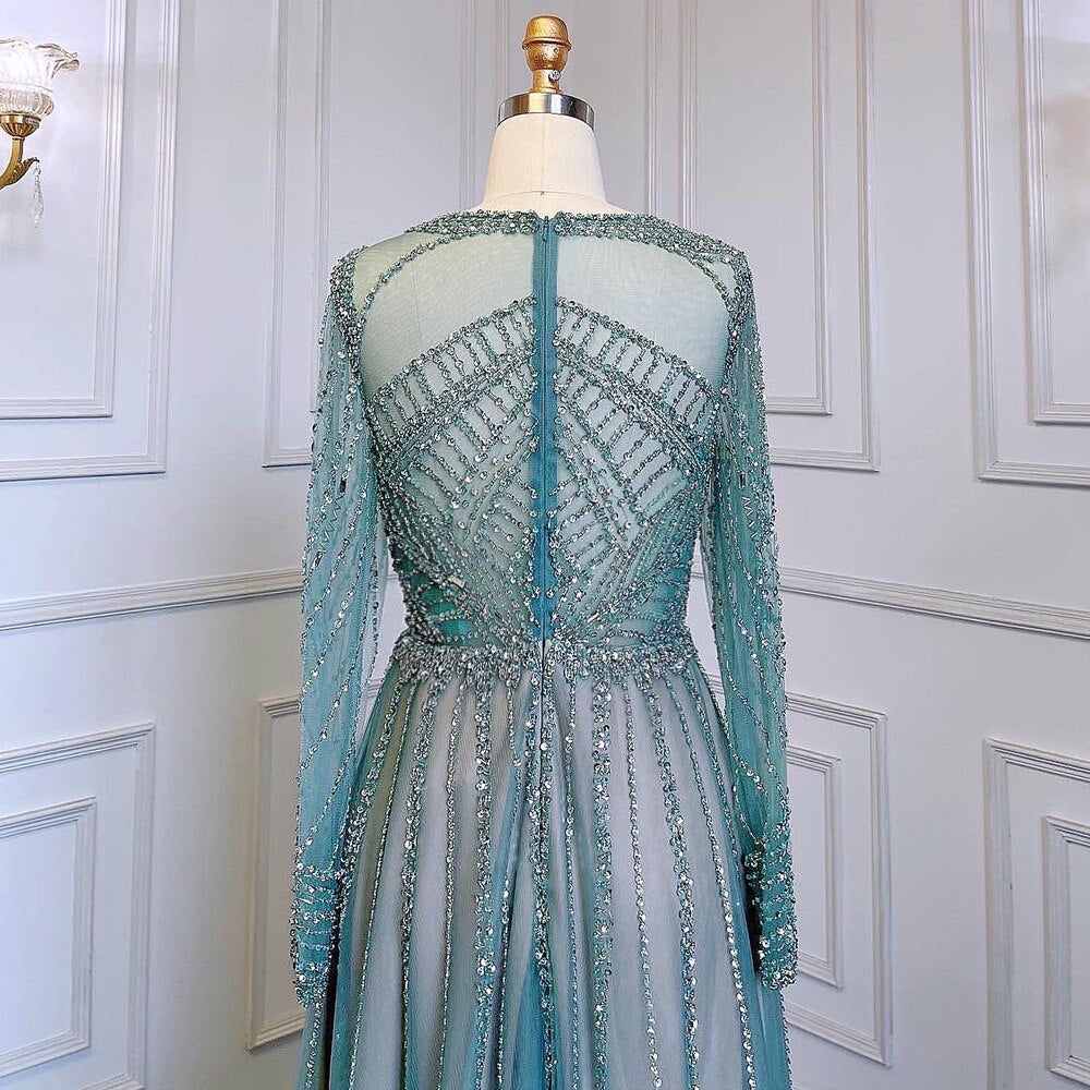 Serene Hill Luxury Turquoise Nude A-Line Evening Dresses Gowns Long Sleeves Beaded Elegant 2025 For Women Party LA71659 - SERENE HILL