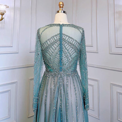 Serene Hill Luxury Turquoise Nude A-Line Evening Dresses Gowns Long Sleeves Beaded Elegant 2025 For Women Party LA71659 - SERENE HILL