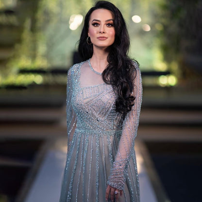 Serene Hill Luxury Turquoise Nude A-Line Evening Dresses Gowns Long Sleeves Beaded Elegant 2025 For Women Party LA71659 - SERENE HILL