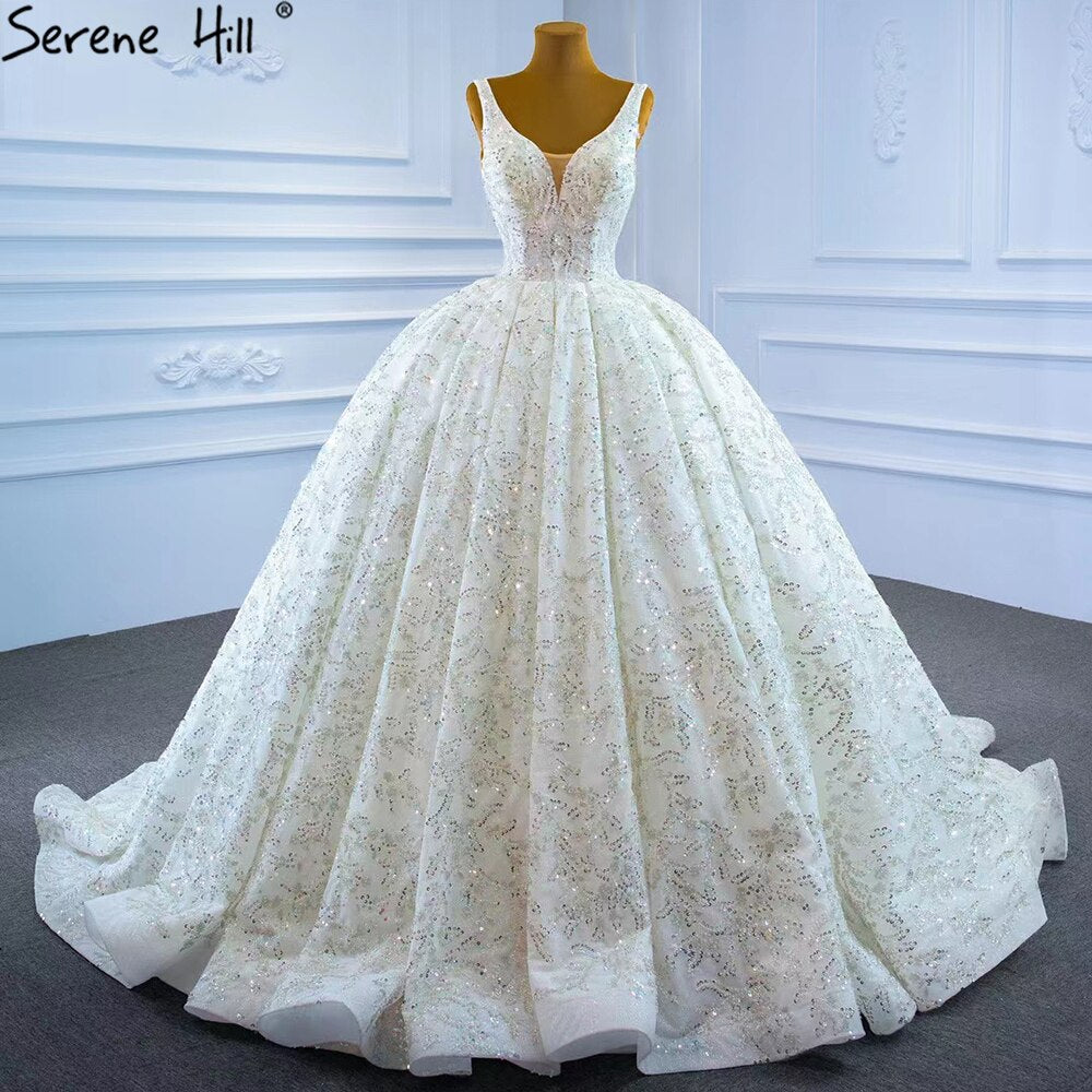 Serene Hill Luxury White Beading Wedding Dresses Gowns 2025 Sparkle Sleeveless Ball Gown Bridal Dress HM67254 Custom Made - SERENE HILL