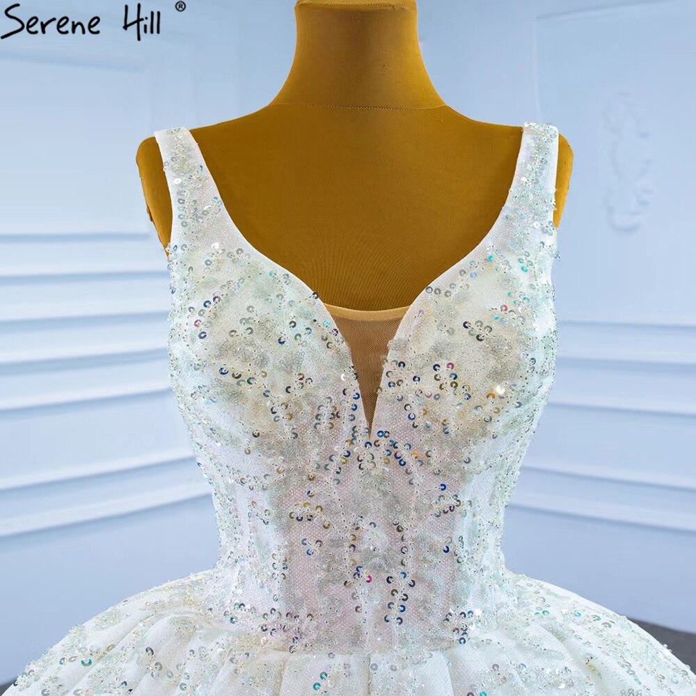 Serene Hill Luxury White Beading Wedding Dresses Gowns 2025 Sparkle Sleeveless Ball Gown Bridal Dress HM67254 Custom Made - SERENE HILL