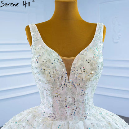 Serene Hill Luxury White Beading Wedding Dresses Gowns 2025 Sparkle Sleeveless Ball Gown Bridal Dress HM67254 Custom Made - SERENE HILL