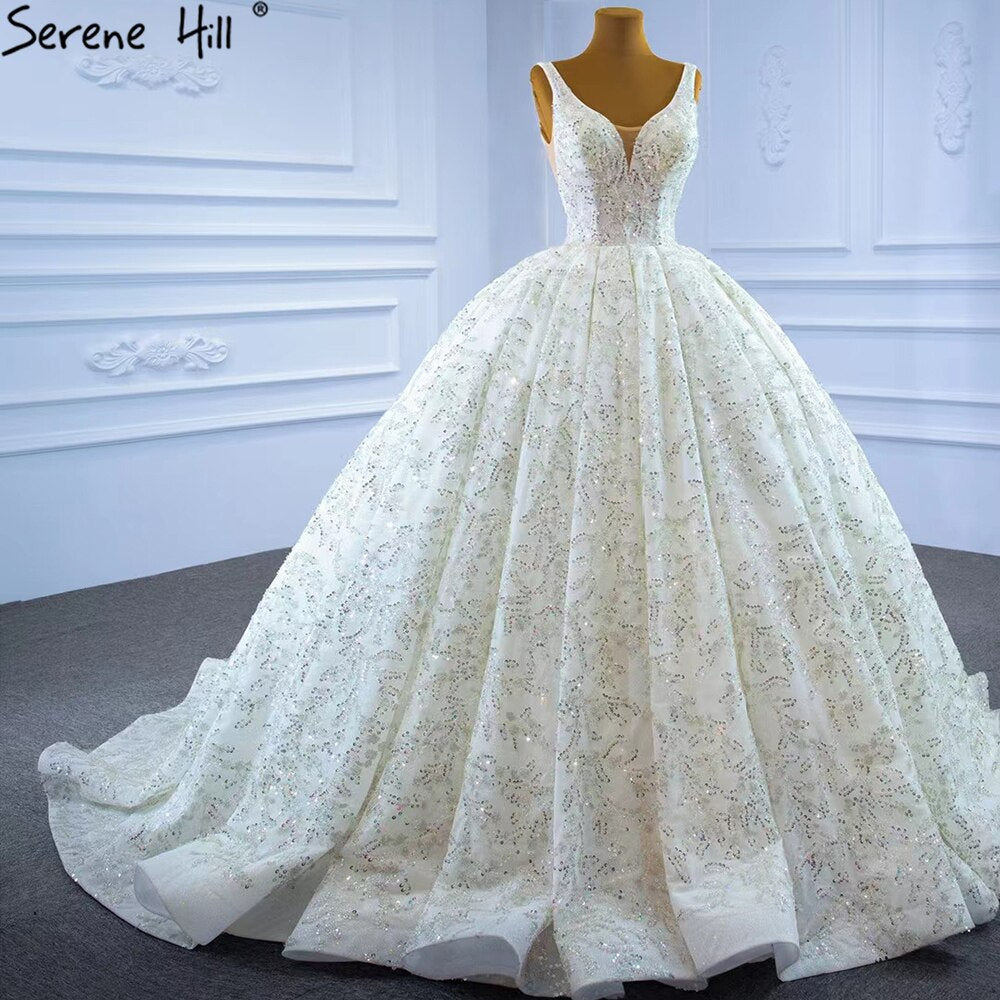 Serene Hill Luxury White Beading Wedding Dresses Gowns 2025 Sparkle Sleeveless Ball Gown Bridal Dress HM67254 Custom Made - SERENE HILL